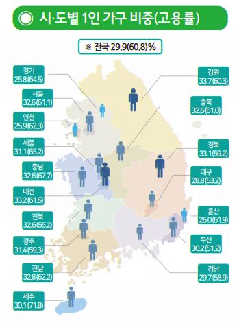 출처 : 통계청 (1인 가구 중 고용률이 높았던 지역은 제주도로 꼽혔다.)